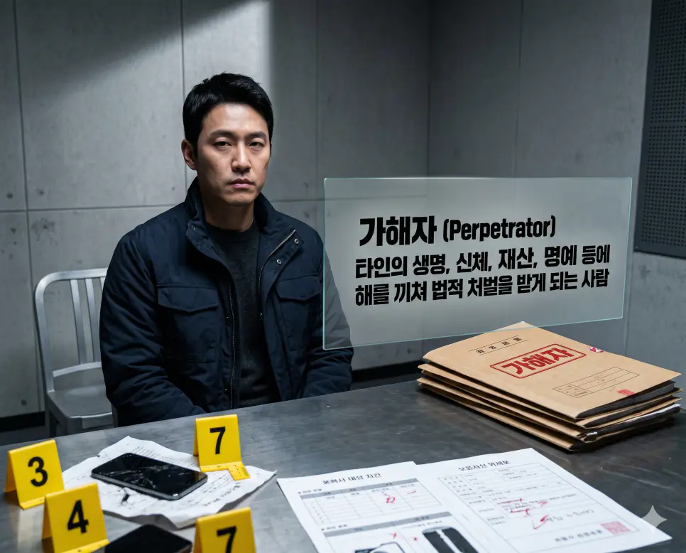 착취 뜻, 모욕 뜻, 가해자 뜻: 노동 권리 침해와 형법상 명예 범죄 개념 정리 3 가해자(Perpetrator)의 법률적 개념을 즉각적으로 인지할 수 있도록, 삭막한 조명이 내리쬐는 조사실에서 타인의 신체나 재산, 명예 등에 깊은 해를 끼쳐 무거운 법적 책임을 마주하고 있는 위압적인 한국인 남성의 상반신과 그 앞 책상에 정돈된 가해자 공식 사건 파일철, 현장 증거 번호판들을 묘사한 고해상도 실사 이미지입니다. 타인에게 범죄적 위해를 가한 장본인의 인과 관계와 법적 처벌의 무게감을 인물의 행동과 무거운 분위기를 통해 직관적으로 시각화했습니다.