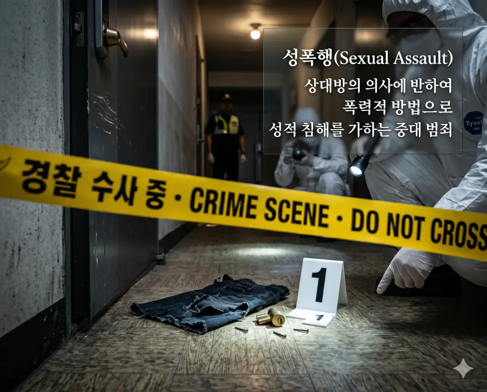 성폭행(Sexual Assault)의 무거운 형법적 범죄 개념을 즉각적으로 인지할 수 있도록, 어두운 조명의 사건 현장 바닥에 찢어진 옷가지 파편과 부서진 문 잠금장치가 떨어져 있고 그 앞으로 과학수사 황색 증거 번호판 1번과 노란색 경찰 통제선이 가로지르는 모습을 묘사한 자료입니다. 상대방의 의사에 반하여 가해진 성적 침해 범죄의 심각성을 직관적으로 시각화했습니다.