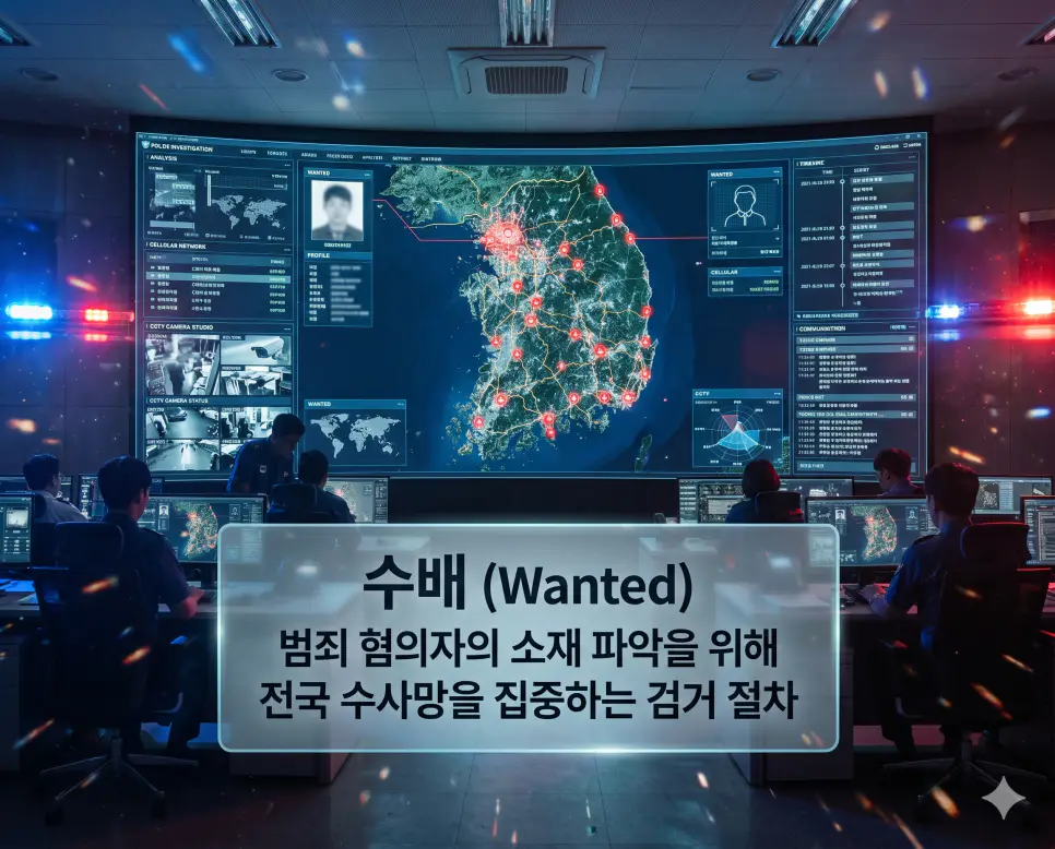 수배 뜻을 설명하기 위해 범죄 혐의자의 소재 파악과 검거를 위해 전국의 수사력을 집중하여 추적하는 조직적인 수사 과정을 표현한 시각 자료