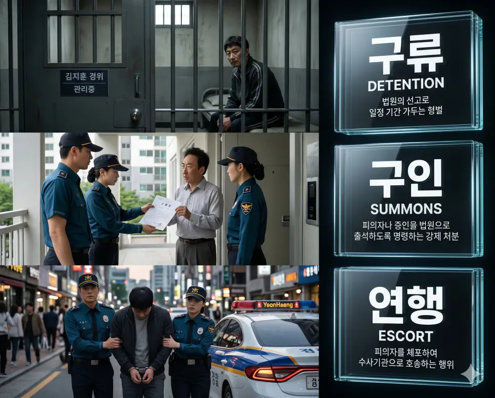 구류 뜻, 구인 뜻, 연행 뜻: 경미 범죄 유치장 구금과 강제 출석 절차 및 수사 기관 동행 확인 4 한국인 전문가와 함께 구류, 구인, 연행의 법적 요건과 신체 자유의 제한 범위를 분석하여 사법 절차의 투명성과 인권 보호를 진단하는 역대급 비주얼 포스터 이미지