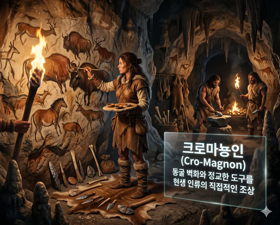 크로마뇽인 뜻, 직립보행 뜻, 적자생존 뜻: 현생 인류의 조상과 진화의 법칙 정리 1 크로마뇽인 뜻을 설명하기 위해 구석기 시대 후기에 동굴 벽화를 그리고 정교한 도구를 사용했던 현생 인류의 예술적 활동을 시각화한 이미지