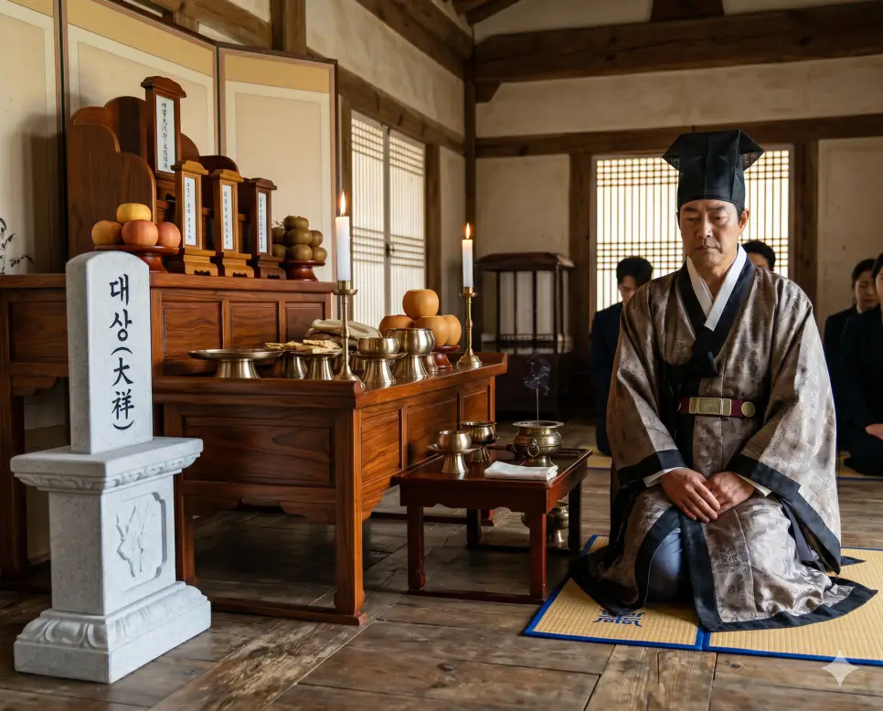 대상 뜻 전통 제사를 표기하기 위해 사당 내부에서 후손이 만 2년 제례 상차림 제단 앞에 꿇어앉아 기리는 인물 실사 이미지