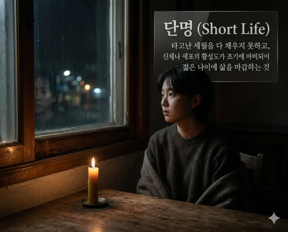 단명(Short Life)의 애틋하고 소중한 생명 개념을 직관적으로 설명하기 위해, 고요한 밤의 창가에서 타오르는 촛불 하나를 곁에 두고 깊은 사색과 그리움이 담긴 표정으로 밤하늘을 응시하는 한국인 청년의 모습을 촬영한 고해상도 실사 이미지입니다. 타고난 세월을 다 채우지 못한 삶에 대한 성찰과 생존의 소중함을 인물의 진중한 눈빛과 차분한 조명 대비를 통해 한눈에 파악할 수 있도록 구현했습니다.