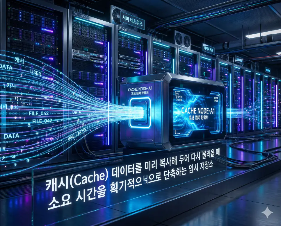 캐시 뜻을 시각화하기 위해 웹 데이터를 임시 저장하여 페이지 로딩 속도를 혁신적으로 단축하는 고속 데이터 저장 장치를 담은 이미지