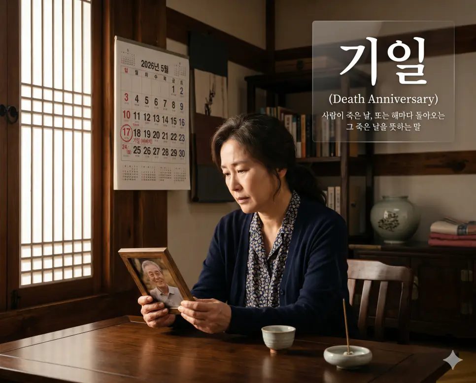 추도식 뜻, 기일 뜻, 기제사 뜻: 고인을 그리워하는 마음과 해마다 돌아오는 제사 예법 정리 2 기일(Death Anniversary)의 개인적이고 차분한 개념을 직관적으로 설명하기 위해, 햇살이 부드럽게 비치는 거실 창가에서 중년의 한국인 여성이 기일이 표시된 달력을 확인한 후 돌아가신 아버지의 소중한 사진 액자를 손에 들고 깊은 그리움에 젖은 표정으로 회상하는 풍경을 근접 촬영한 고해상도 실사 이미지입니다. 해마다 돌아오는 죽은 날을 기억하는 경건한 마음을 인물의 표정을 통해 한눈에 파악할 수 있도록 구현했습니다.