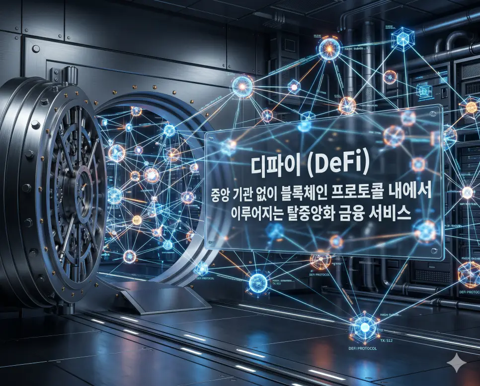 디파이(DeFi)의 구조를 상세히 전달하기 위해 은행과 같은 중앙 기관 없이 블록체인 네트워크상에서 스마트 컨트랙트를 통해 대출과 예금 등 금융 서비스가 자동으로 이루어지는 탈중앙화 금융 환경을 시각화한 자료입니다. 투명하고 개방적인 프로토콜 내에서 이용자들이 스스로 자산을 관리하는 미래 지향적인 디지털 금융 인프라의 모습을 담았습니다.