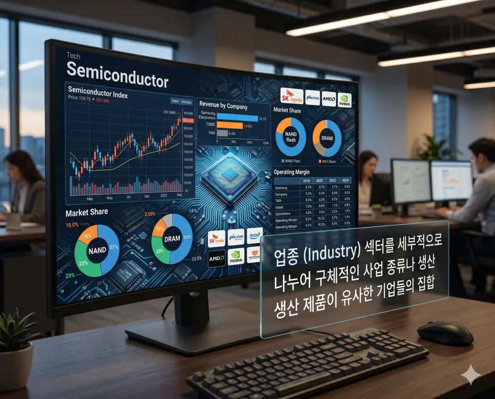 섹터 뜻, 업종 뜻, 시클리컬 뜻: 주식 시장 산업 분류 완벽 정리 2 업종 뜻을 시각화하기 위해 섹터를 세부적으로 나누어 구체적인 사업 영역이나 생산 제품이 유사한 기업 집단을 분석하는 초정밀 실사 이미지
