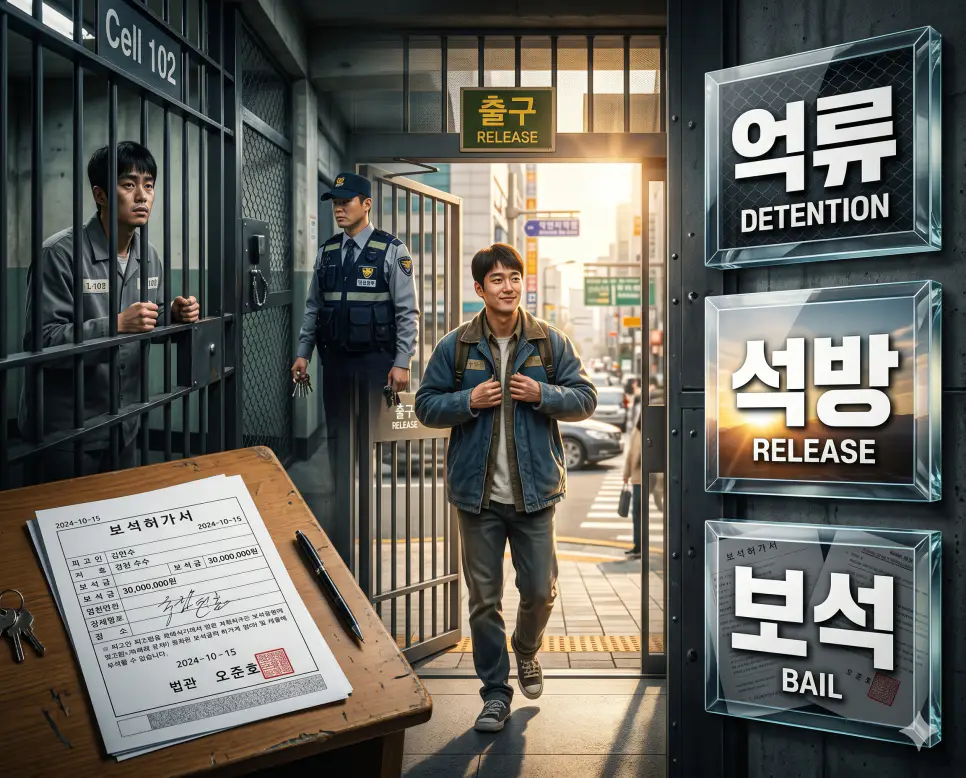 자유의 제한과 회복이라는 법적 절차인 억류, 석방, 보석의 개념을 입체적으로 분석하는 프리미엄 비주얼 전략 포스터 이미지