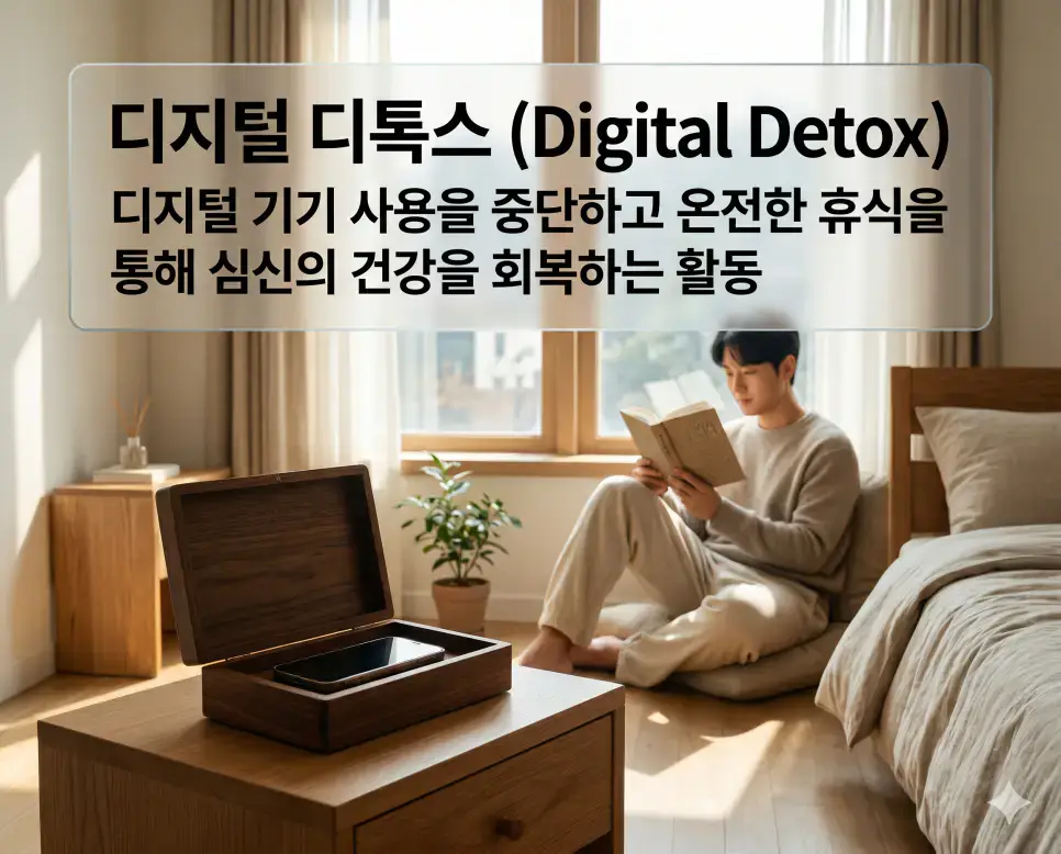 디지털 디톡스 뜻, 노이즈 캔슬링 뜻, 백색소음 뜻: 현대인의 뇌 휴식 가이드 1 디지털 디톡스 뜻을 설명하기 위해 디지털 기기 사용을 잠시 멈추고 온전한 독서와 휴식을 통해 심신의 건강을 회복하는 현대인의 모습을 시각화한 이미지