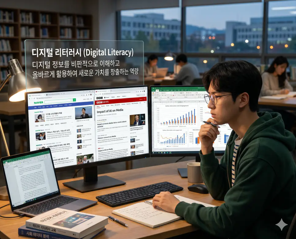 디지털 리터러시 뜻을 설명하기 위해 디지털 정보를 비판적으로 이해하고 올바르게 활용하여 새로운 가치를 창출하는 역량을 표현한 시각 자료