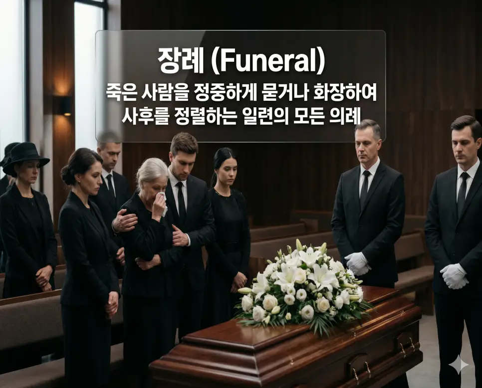 장례(Funeral)의 정중하고 엄숙한 예법을 즉각적으로 인지할 수 있도록, 세련되고 정갈한 현대식 장례홀에서 검정 예복을 입은 전문 장례 지도사와 가족들이 고인의 마지막 길을 배웅하며 사후 절차를 정렬하는 경건한 이별 의식 장면을 묘사한 고해상도 실사 이미지입니다. 죽은 사람을 묻거나 화장하여 사후를 정리하는 일련의 예절의 신성함을 인물들의 정중한 태도와 정돈된 장례 환경을 통해 직관적으로 시각화했습니다.