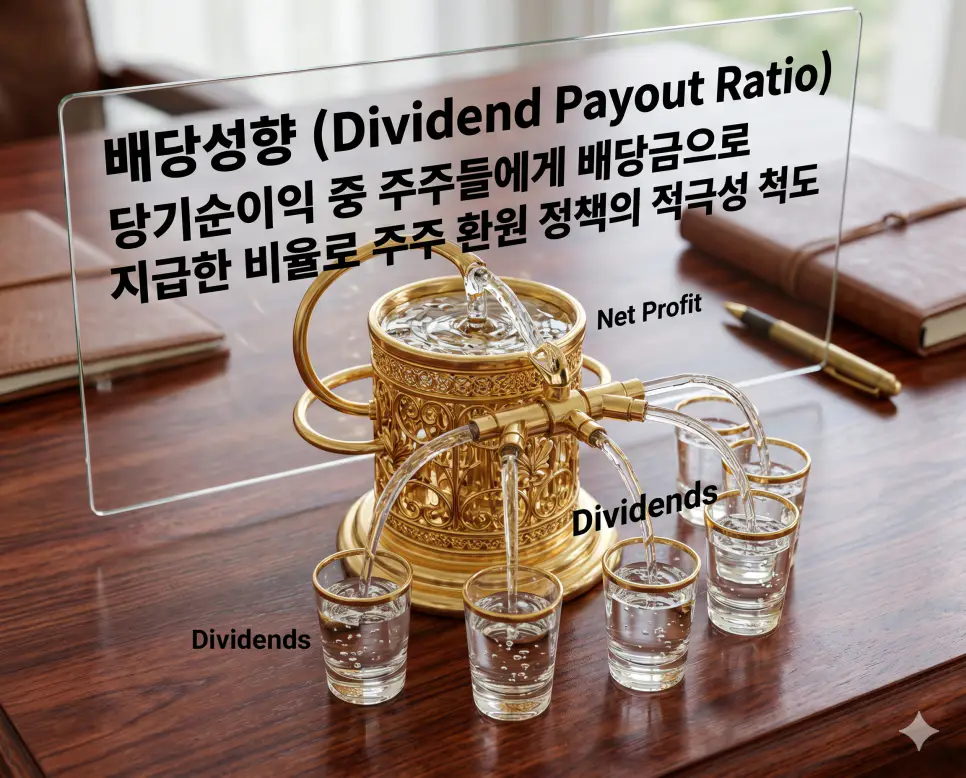 EPS 뜻, 주가 뜻, 배당성향 뜻: 주식 투자 기본 지표 완벽 정리 3 배당성향 뜻을 설명하기 위해 당기순이익 중 주주들에게 배당금으로 지급하는 비율을 통해 주주 환원 정책을 상징적으로 표현한 시각 자료