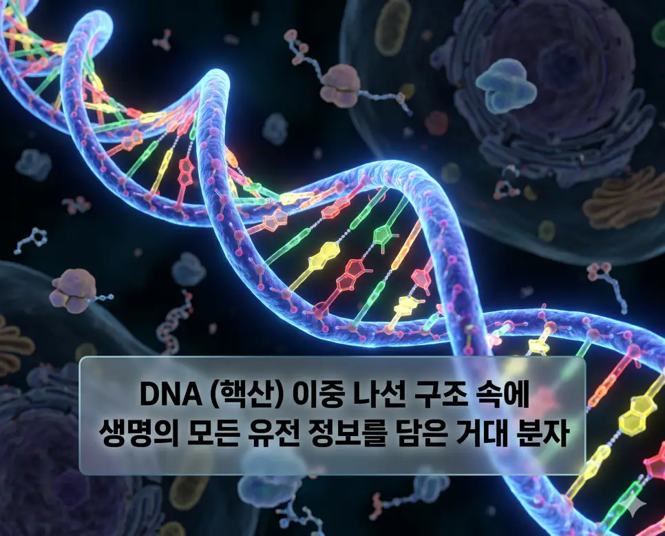 DNA 뜻, 유전자 뜻, 돌연변이 뜻: 생명의 설계도와 유전 정보의 신비 1 DNA 뜻을 설명하기 위해 세포 핵 안에서 이중 나선 구조로 꼬여 생명의 유전 정보를 저장하는 거대 분자를 시각화한 이미지