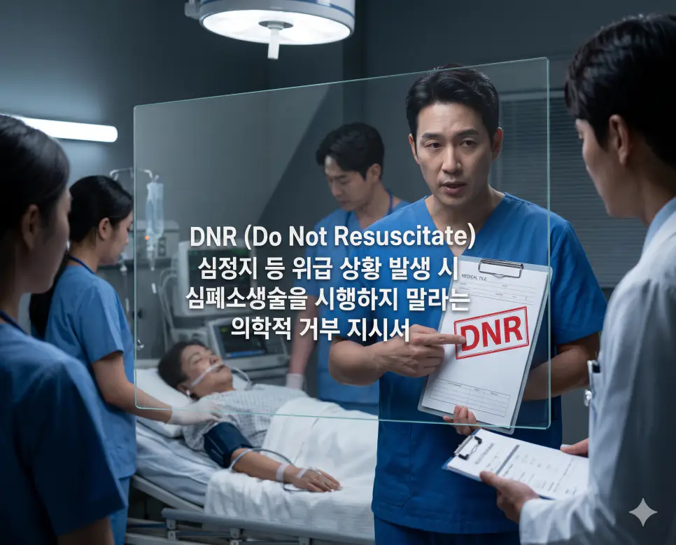 DNR(Do Not Resuscitate)의 의학적·행정적 거부 개념을 즉각적으로 인지할 수 있도록, 긴박하게 돌아가는 대학병원 응급실 안에서 침착하면서도 진중한 표정의 한국인 응급의학과 의사가 위급 상황 시 심폐소생술을 시행하지 말라는 붉은색 DNR 고인 날인이 찍힌 공식 의료 거부 지시서 파일을 손에 들고 의료진 팀원들에게 명확히 지시를 내리는 모습을 묘사한 고해상도 실사 이미지입니다. 심정지 순간 인위적인 소생술을 거부하는 의학적 지시의 엄숙함을 인물의 책임감 있는 행동과 차가운 병원 무드를 통해 직관적으로 시각화했습니다.
