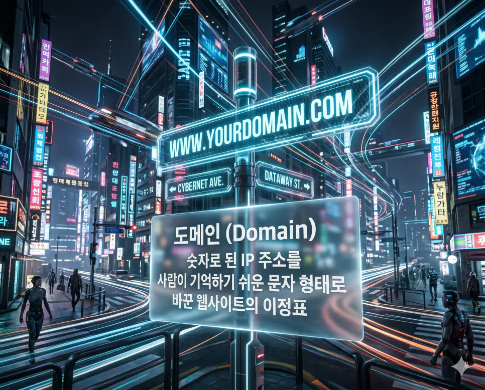 도메인 뜻, 서버 뜻, 백엔드 뜻: 웹사이트를 움직이는 3대 핵심 요소 1 도메인 뜻을 설명하기 위해 복잡한 숫자로 된 IP 주소를 기억하기 쉬운 문자로 바꾼 인터넷상의 가상 이정표를 사이버 시티의 이정표로 시각화한 이미지