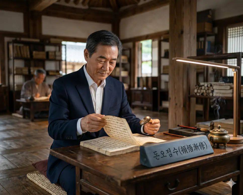 돈오점수 수행 법도 의미를 시각화하기 위해 서고 안에서 교수가 고문서를 살피며 미혹을 점진적으로 지워내는 과정을 연구하는 인물 실사 모습