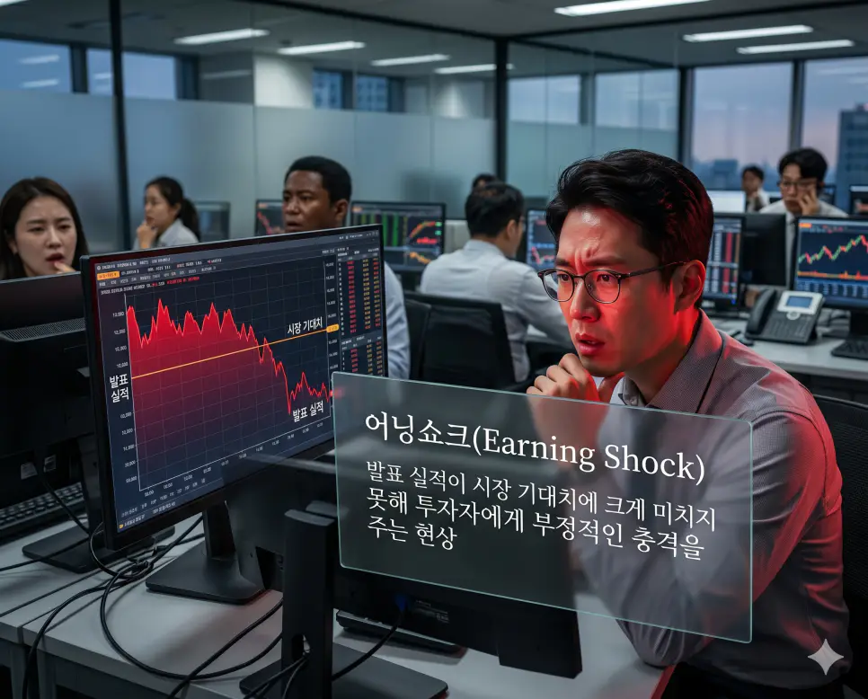어닝쇼크 뜻을 시각화하기 위해 기업 실적이 기대치에 미치지 못해 주가가 하락하고 투자자에게 충격을 주는 상황을 초정밀 실사로 담은 이미지