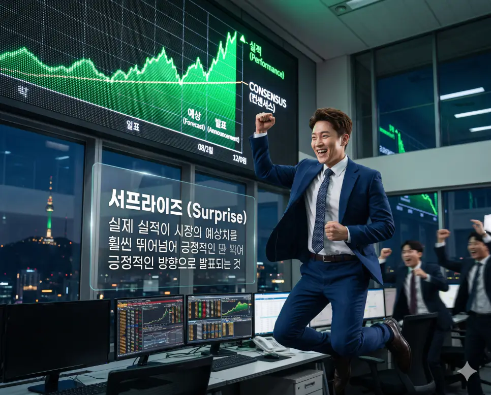 서프라이즈 뜻을 설명하기 위해 실제 실적이 시장의 예상치를 훨씬 뛰어넘어 주가가 상승하는 긍정적인 상황을 극초실사 이미지로 시각화한 자료