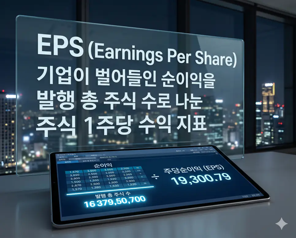 EPS 뜻, 주가 뜻, 배당성향 뜻: 주식 투자 기본 지표 완벽 정리 1 EPS 뜻을 설명하기 위해 기업이 벌어들인 순이익을 발행 총 주식 수로 나누어 1주당 수익을 창출하는 지표를 극초실사 이미지로 시각화한 자료