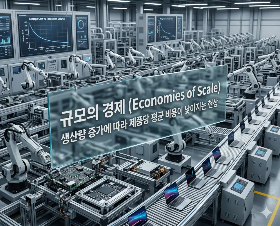 규모의 경제 뜻, 지정학적 리스크 뜻, 뱅크런 뜻: 경제 성장과 위기 분석 정리 1 규모의 경제(Economies of Scale)의 원리를 시각화하기 위해 대규모 자동화 생산 라인에서 제품을 대량 생산하며 평균 비용이 감소하는 그래프를 담은 고해상도 이미지입니다. 기업이 성장할수록 확보하게 되는 가격 경쟁력과 시장 지배력을 현대적인 스마트 팩토리 배경으로 생생하게 표현했습니다.