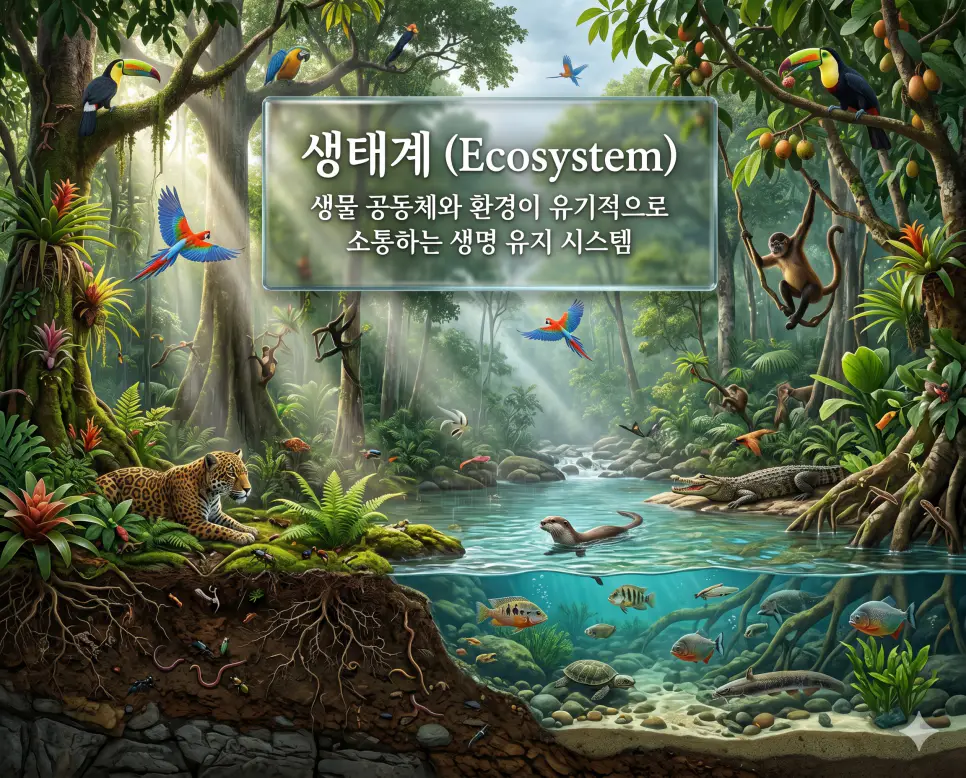 포식 뜻, 생태계 뜻, 화석 뜻: 자연의 질서와 지구의 기록 2 생태계 뜻을 시각화하기 위해 특정 지역의 생물 공동체와 환경이 서로 유기적으로 영향을 주고받으며 에너지를 순환시키는 거대한 생명 단위를 담은 이미지