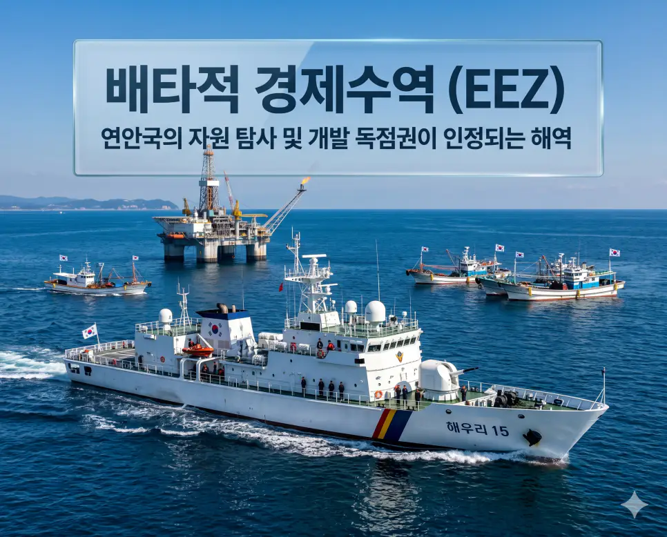 배타적 경제수역(EEZ) 뜻을 시각화하기 위해 한국 해역에서 자원과 주권을 수호하는 경비함의 웅장한 사진