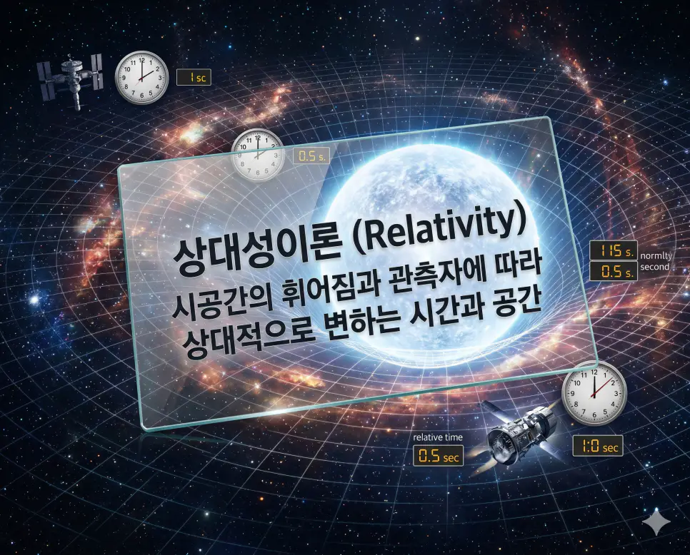양자물리학 뜻, 고전역학 뜻, 상대성이론 뜻: 현대 물리학의 3대 핵심 이론 완벽 정리 3 상대성이론 뜻을 설명하기 위해 질량이 큰 천체에 의해 시공간이 휘어지고 관측자의 속도에 따라 시간이 다르게 흐르는 현상을 담은 이미지