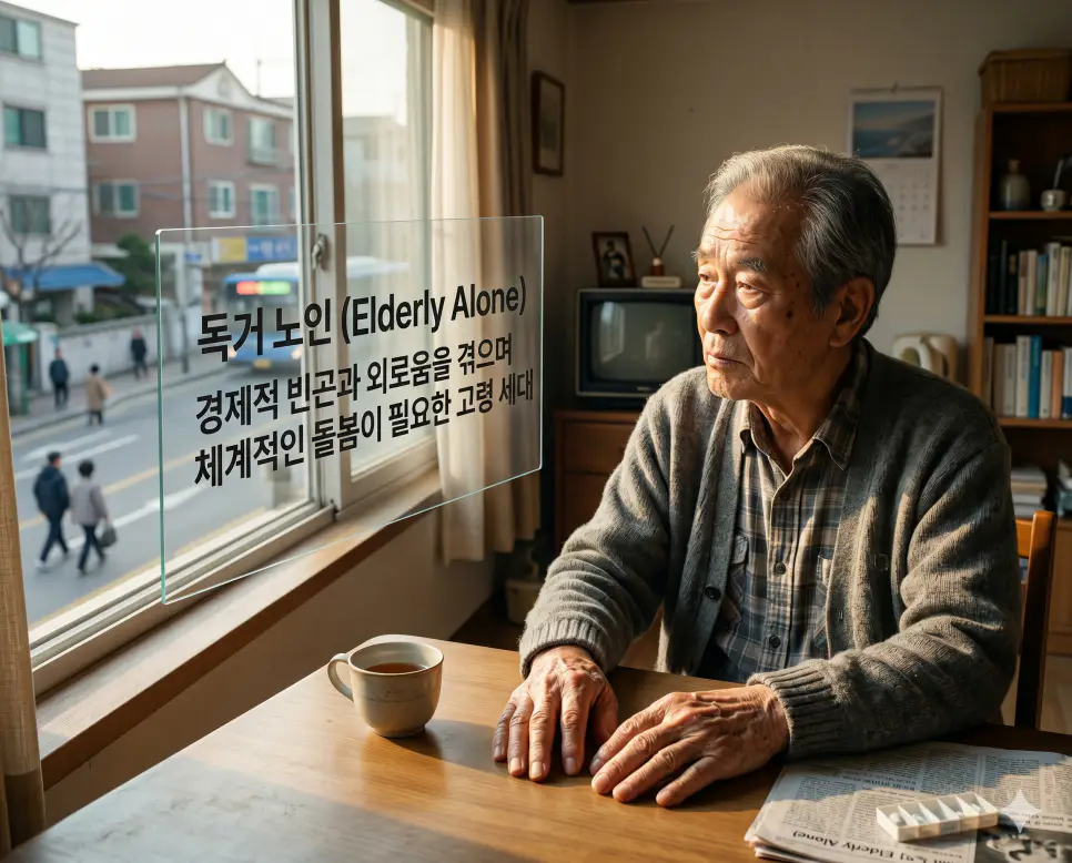 홈리스 뜻, 독거 노인 뜻, 고독사 뜻: 사회적 고립과 단절의 예방 2 독거 노인 뜻을 시각화하기 위해 홀로 살아가는 고령자가 겪는 빈곤과 질병, 외로움을 극복하기 위한 국가적 돌봄 서비스의 필요성을 담은 이미지