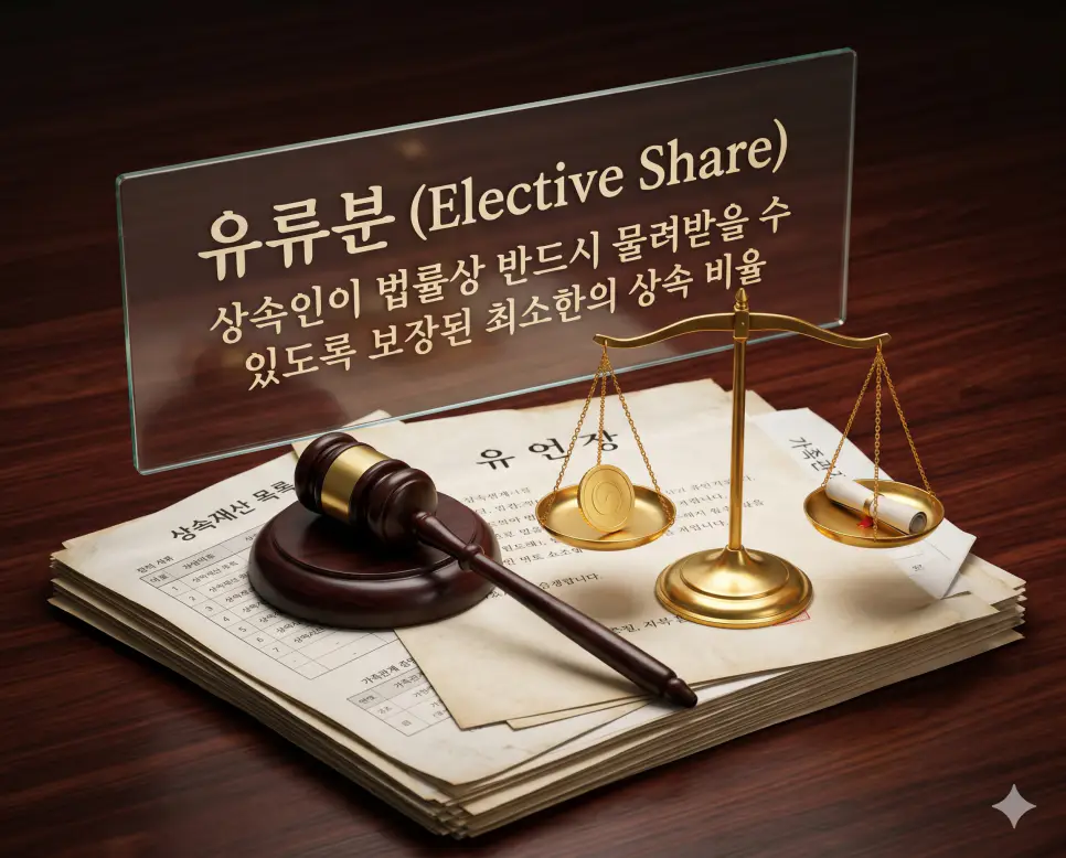 유류분 뜻을 시각화하기 위해 고인의 유언과 관계없이 법정 상속인들이 반드시 물려받을 수 있도록 보장된 최소한의 상속 비율과 법적 공정성을 표현한 이미지