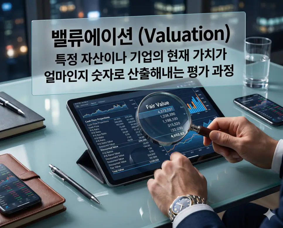 밸류에이션 뜻, 펀더멘탈 뜻, 컨센서스 뜻: 성공 투자를 위한 핵심 지표 1 밸류에이션 뜻을 설명하기 위해 기업의 현재 가치가 얼마인지 숫자로 산출하고 적정 주가를 판단하는 전문적인 평가 과정을 시각화한 이미지