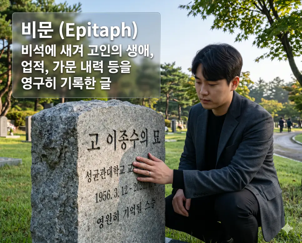 비문(Epitaph)의 영구적인 기록 의미를 완벽하게 직관적으로 전달하기 위해, 고요한 야외 추모 공원에서 아침 햇살 아래 한 젊은 한국인 남성이 고인의 생애와 업적이 정교하게 새겨진 회색 비석의 글자들을 경건하고 애틋한 표정으로 조심스럽게 어루만지고 있는 장면을 촬영한 고해상도 실사 이미지입니다. 비석에 새겨진 고인의 내력을 기리는 기록 문화의 신성함을 인물의 표정과 비석의 질감을 통해 1초 만에 인지할 수 있도록 생생하게 구현했습니다.