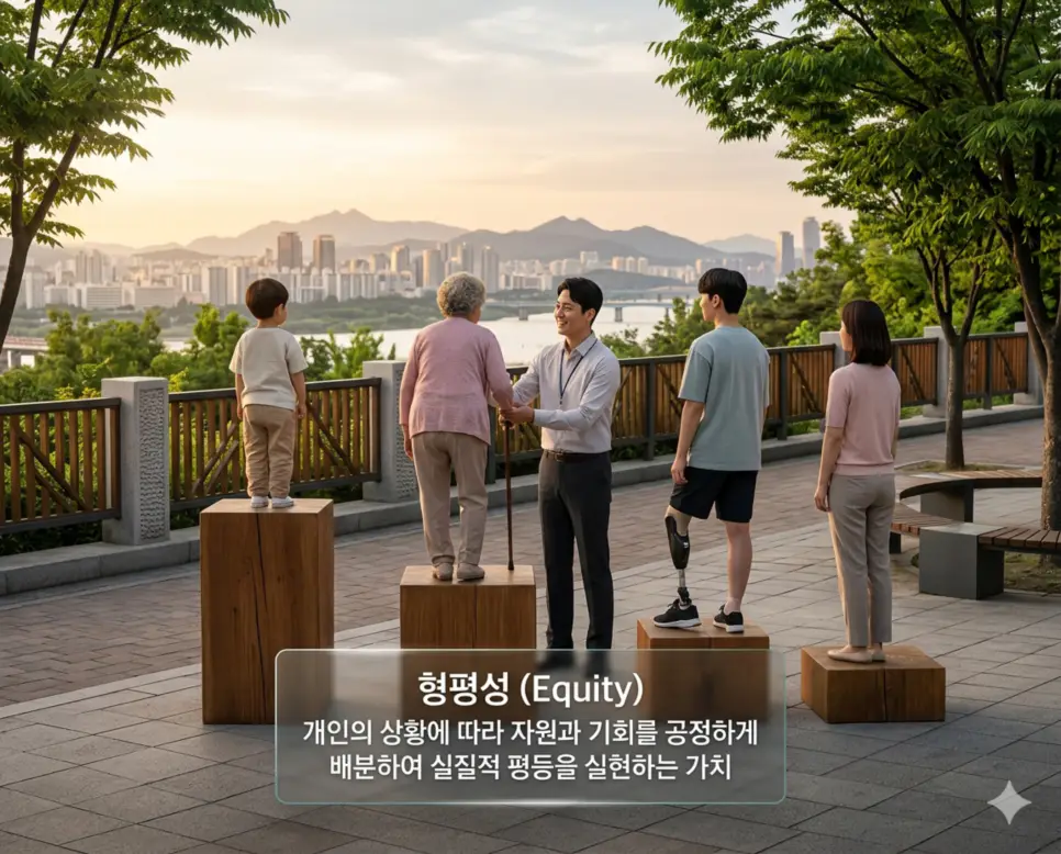 인권 뜻, 형평성 뜻, 재가 복지 뜻: 존엄한 삶을 위한 공정한 배려 2 형평성 뜻을 시각화하기 위해 각자의 처지에 맞게 자원과 기회를 공정하게 배분하여 실질적인 평등을 실현하려는 정의로운 가치를 담은 이미지