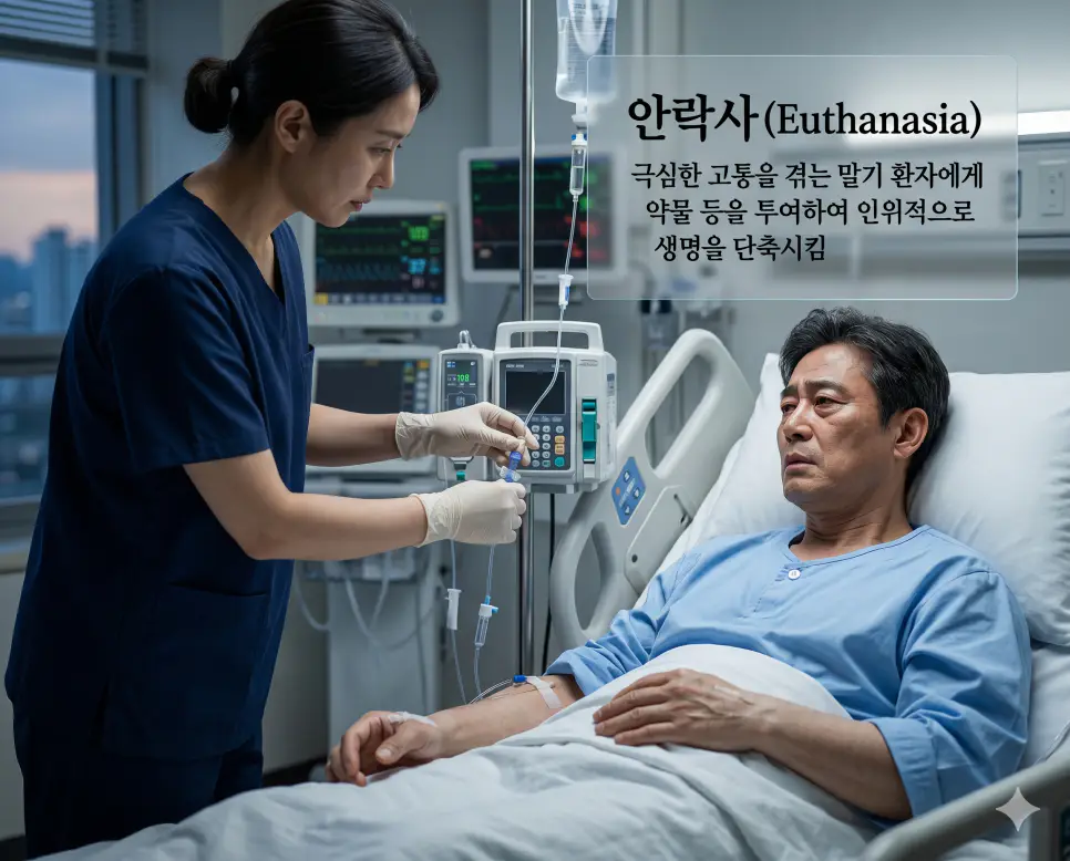안락사(Euthanasia)의 개념을 직관적으로 설명하기 위해, 차갑고 엄숙한 조명이 내리쬐는 해외의 전문 정밀 의료실 안에서 극심한 통증과 고통을 겪고 있는 중년의 한국인 말기 환자가 다소 수척하면서도 확고한 의지가 담긴 표정으로 정밀 정맥 주사 라인을 최종 점검하는 전문 의료진을 바라보고 있는 풍경을 근접 촬영한 고해상도 실사 이미지입니다. 환자의 요청에 따라 약물 투여 등을 통해 인위적으로 생명을 단축시키는 법적·의료적 상황의 무게감을 인물의 표정과 서사적 대조를 통해 한눈에 파악할 수 있도록 구현했습니다.