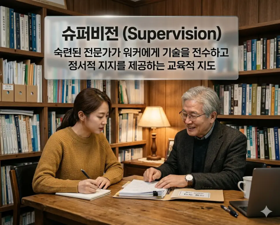 종결 뜻, 사례관리 뜻, 슈퍼비전 뜻: 사회복지 실천의 완성미와 전문성 3 슈퍼비전 뜻을 설명하기 위해 숙련된 전문가가 후배 사회복지사에게 지식과 기술을 전수하며 전문적인 성장을 돕는 교육적 지도 과정을 표현한 시각 자료