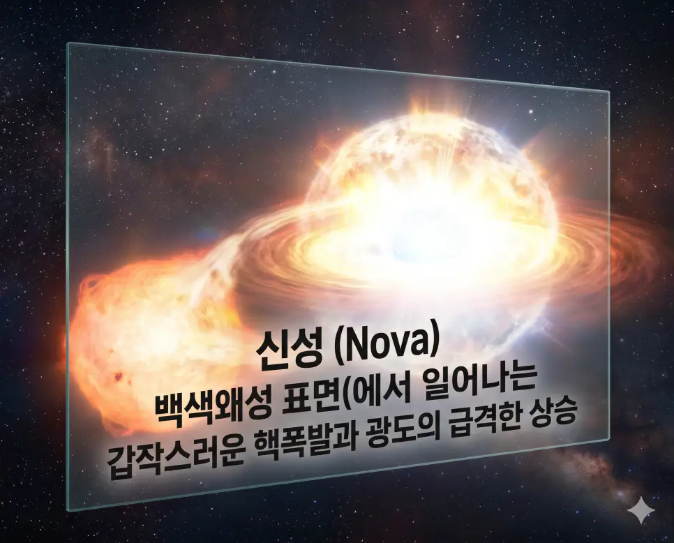 신성 뜻을 설명하기 위해 백색왜성 표면에서 수소가 핵융합 반응을 일으키며 갑작스럽게 폭발하여 밝아지는 천문 현상 이미지