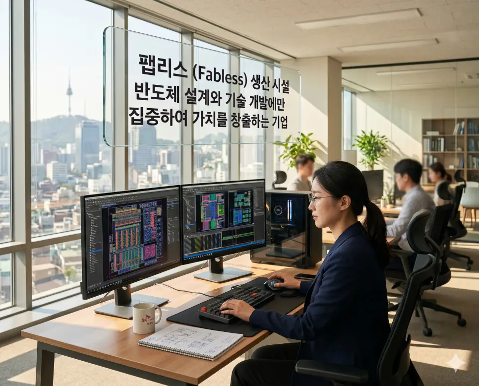 파운드리 뜻, 팹리스 뜻, 사파리 뜻: 반도체와 웹 생태계 완벽 정리 2 팹리스 뜻을 시각화하기 위해 생산 시설 없이 오직 반도체 설계와 기술 개발에 집중하여 고부가가치를 창출하는 지적 설계 환경을 담은 이미지
