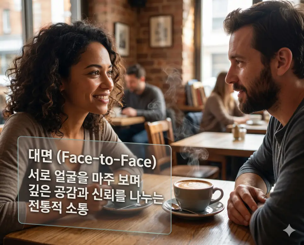 대면 뜻을 설명하기 위해 물리적 공간에서 얼굴을 마주 보며 직접적인 눈맞춤과 신체 언어를 통해 신뢰와 공감을 형성하는 소통 방식을 시각화한 이미지