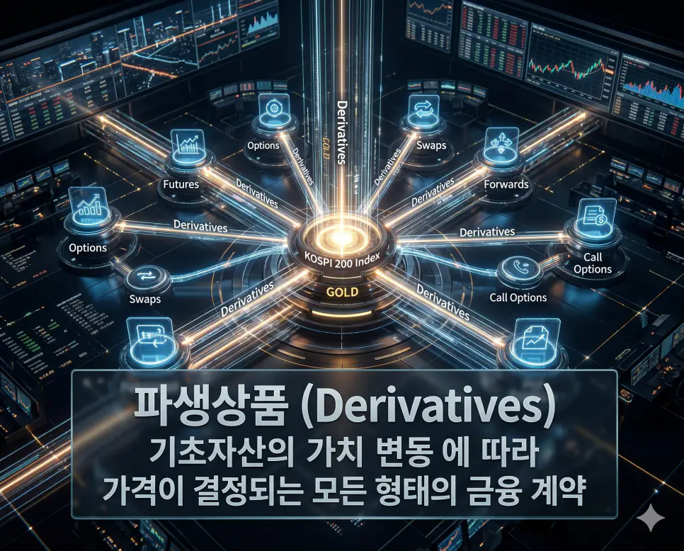풋옵션 뜻, 선물 뜻, 파생상품 뜻: 레버리지와 위험 관리의 핵심 정리 3 파생상품 뜻을 설명하기 위해 주식이나 채권 등 기초자산에서 파생된 다양한 금융 계약의 흐름을 상징적으로 표현한 자료
