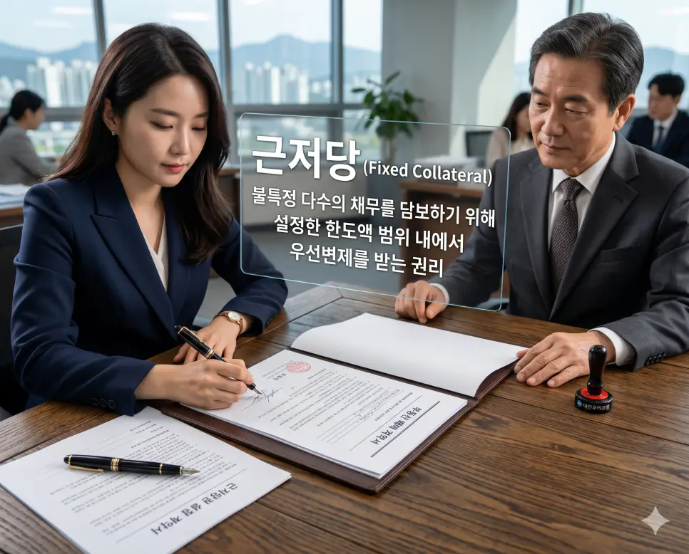 근저당 뜻, 소유권 뜻, 임대차 뜻: 부동산 계약 전 필수 법률 상식 1 근저당 뜻을 설명하기 위해 은행 대출 시 설정한 한도액 범위 내에서 우선변제를 받을 수 있는 권리를 담은 전문적인 계약서 작성 장면의 초정밀 실사 이미지