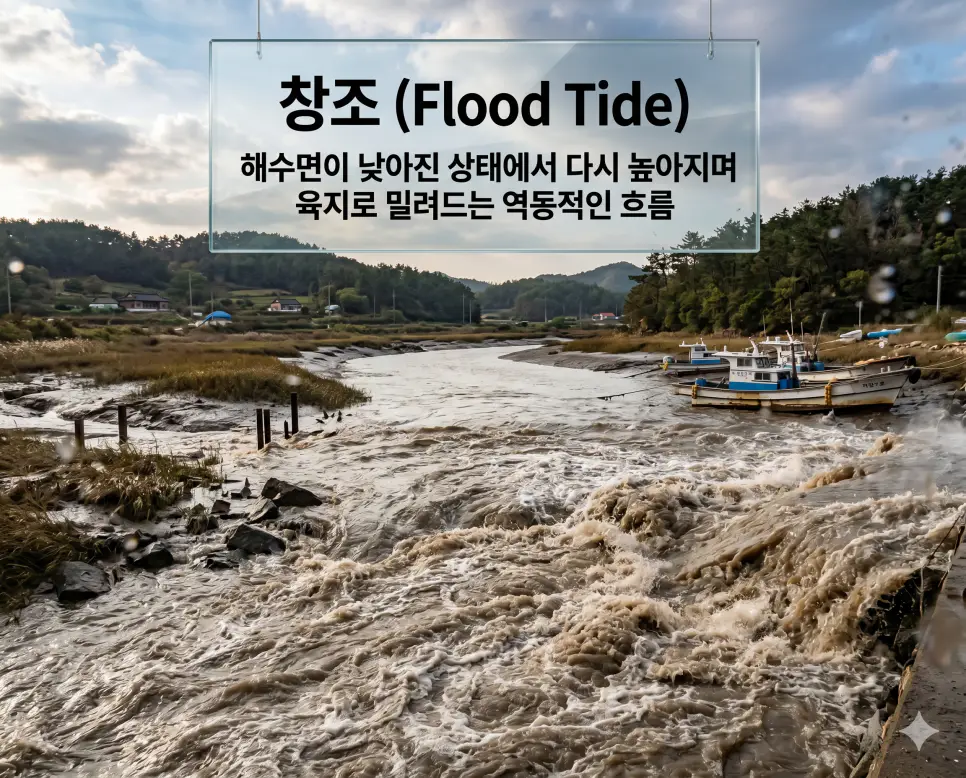 조차 뜻, 곶 뜻, 창조 뜻: 해수면의 높이 변화와 해안 지형의 특징 분석 3 창조 뜻을 정의하기 위해 낮아졌던 해수면이 다시 차오르며 강하구로 역동적으로 밀려오는 밀물의 흐름을 포착한 이미지