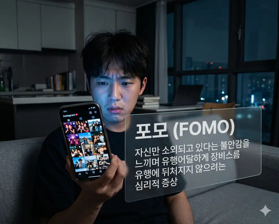 포모 뜻을 설명하기 위해 자신만 흐름을 놓치고 있다는 디지털 소외에 대한 불안감을 느끼는 현대인의 심리 상태를 초정밀 실사로 시각화한 이미지