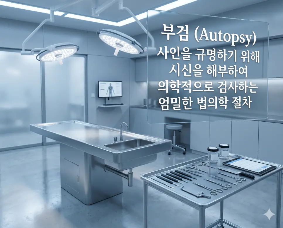 안전사고 뜻, 부검 뜻, 상해치사 뜻: 법의학 용어와 형법 죄명의 명확한 개념 정리 2 부검(Autopsy)의 과학적 절차를 직관적으로 설명하기 위해, 강력한 백색 수술등 조명이 비치는 최첨단 법의학 조사실 내부의 깨끗한 스테인리스 스틸 해부 테이블과 그 옆에 정갈하게 정렬된 정밀 수술 도구들, 메스, 의학 차트들의 레이아웃을 시각화한 초정밀 실사 이미지입니다. 사인을 규명하기 위해 시신을 검사하는 과정을 한눈에 이해할 수 있도록 구현했습니다.
