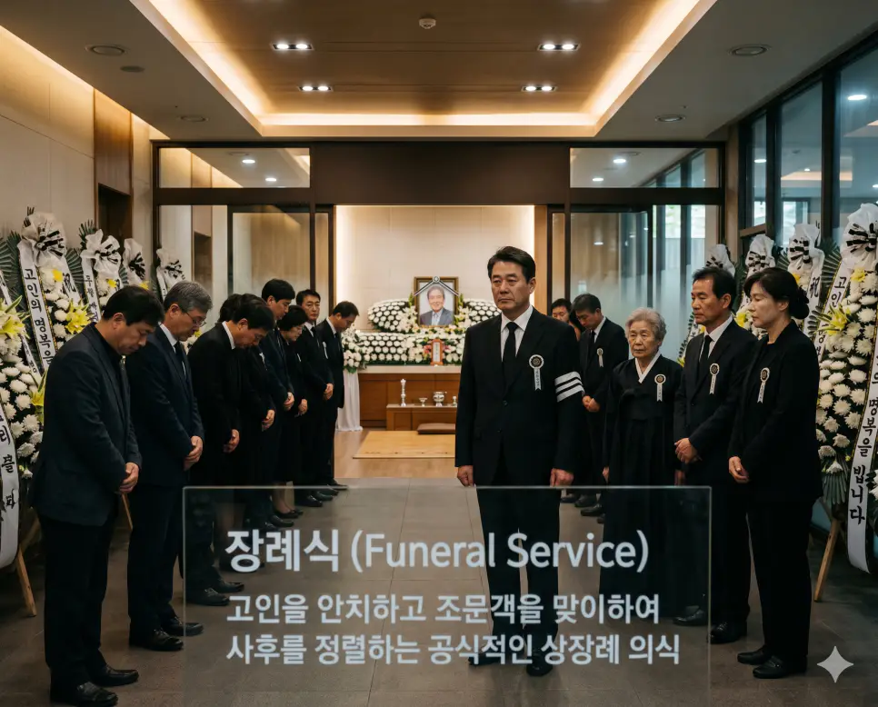 장례식 뜻, 빈소 뜻, 헌화 뜻: 고인을 모시는 공식적인 절차와 문상 공간 및 조문 예절 정리 1 장례식(Funeral Service)의 공식적인 의미를 완벽하게 직관적으로 전달하기 위해, 정중하고 현대적인 장례홀 입구에서 검정 상복을 입은 상주와 유가족들이 슬픔을 절제한 채 조문객들을 맞이하며 고인을 배웅하는 예우를 갖추고 있는 풍경을 촬영한 고해상도 실사 이미지입니다. 고인을 안치하고 사후를 정렬하는 공식적인 상장례 의식의 본질을 인물들의 정중한 태도와 정돈된 장례 환경을 통해 1초 만에 인지할 수 있도록 생생하게 구현했습니다.