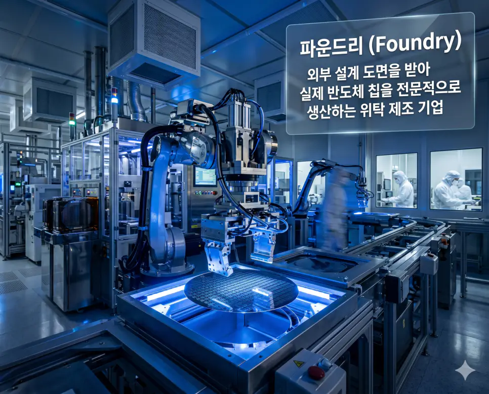 파운드리 뜻, 팹리스 뜻, 사파리 뜻: 반도체와 웹 생태계 완벽 정리 1 파운드리 뜻을 설명하기 위해 설계 도면을 받아 반도체 칩을 위탁 생산하는 첨단 공장 설비와 실리콘 웨이퍼 공정을 초정밀 실사로 시각화한 이미지