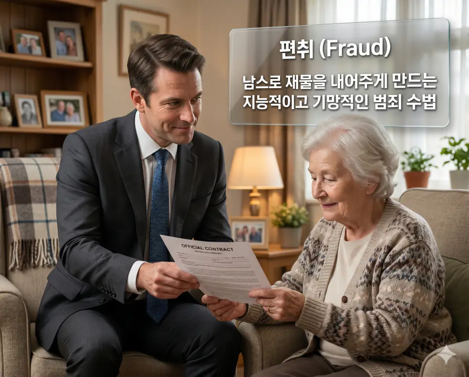 탈취 뜻, 강탈 뜻, 편취 뜻: 불법적인 약탈과 기망의 이해 3 편취 뜻을 설명하기 위해 남을 속이는 기망 행위를 통해 상대방이 스스로 재물을 내어주게 유도하는 지능적인 범죄 수법을 표현한 시각 자료