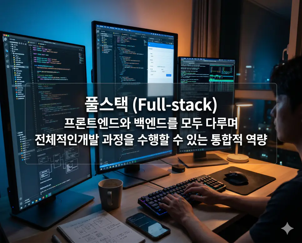 풀스택 뜻을 설명하기 위해 프론트엔드와 백엔드를 모두 다루며 전체 개발 과정을 통합적으로 수행하는 전문적인 작업 환경을 초정밀 실사로 시각화한 이미지