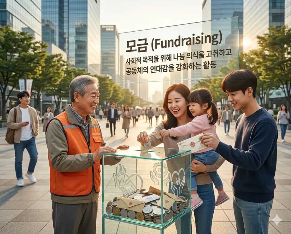 재가 급여 뜻, 소진 뜻, 모금 뜻: 따뜻한 돌봄과 지속 가능한 나눔 3 모금 뜻을 설명하기 위해 사회 구성원들의 나눔 의식을 고취하고 공동체의 연대감을 강화하며 공익적 재원을 마련하는 활동을 표현한 시각 자료