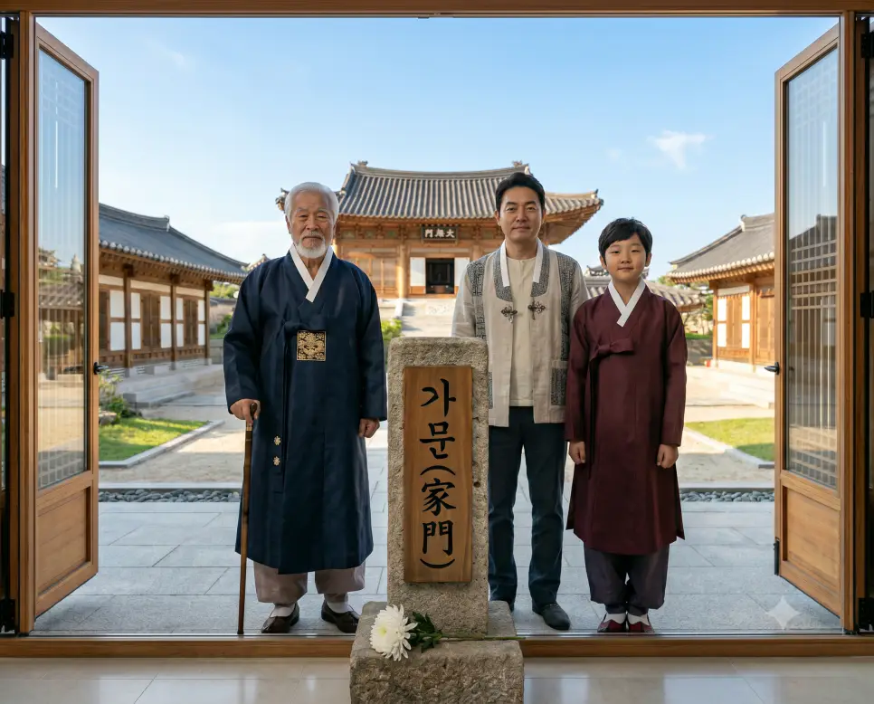 후대 뜻, 자손 뜻, 가문 뜻: 혈통의 연속성과 대를 이어온 공동체적 계보의 가치 3 가문 뜻 공동체 계보를 시각화하기 위해 대대로 내려온 사당 대문 앞에 당당하게 서 있는 3대 가족의 인물 실사 이미지
