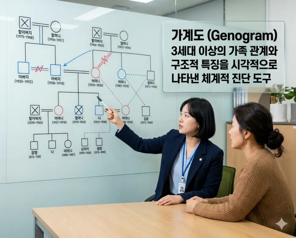 가계도 뜻, 프로포절 뜻, 형성평가 뜻: 사회복지 실천의 체계적 진단과 설계 1 가계도 뜻을 설명하기 위해 3세대 이상의 가족 관계와 갈등 패턴을 시각적으로 도표화하여 클라이언트의 문제를 진단하는 전문적인 사정 장면을 시각화한 이미지