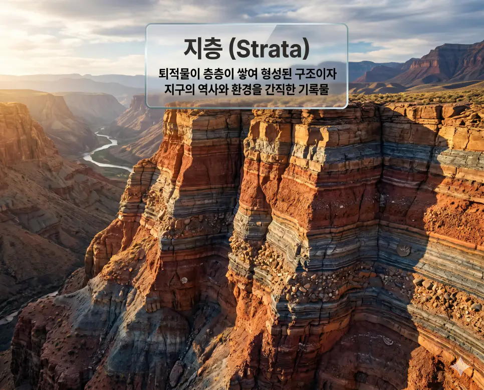 공진화 뜻, 교차 뜻, 지층 뜻: 유전적 상호작용과 지구의 기록 3 지층 뜻을 설명하기 위해 퇴적물이 오랜 시간 동안 층층이 쌓여 형성된 구조와 그 속에 간직된 지구의 역사적 기록을 표현한 시각 자료